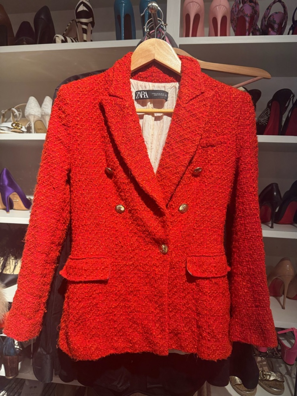 ZARA Red Textured Double-Breasted Blazer with Gold Buttons